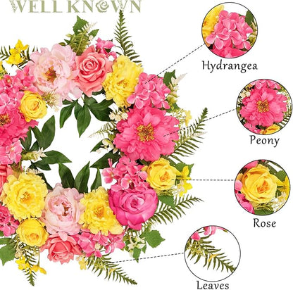 Wreaths for Front Door, WELL KNOWN Spring Summer Seasonal Hot Pink & Yellow Flowers Wreath for Front Door, Artificial Silk Peony Flower Wreath for Wall Hanging, Home Office Wedding Party Decor