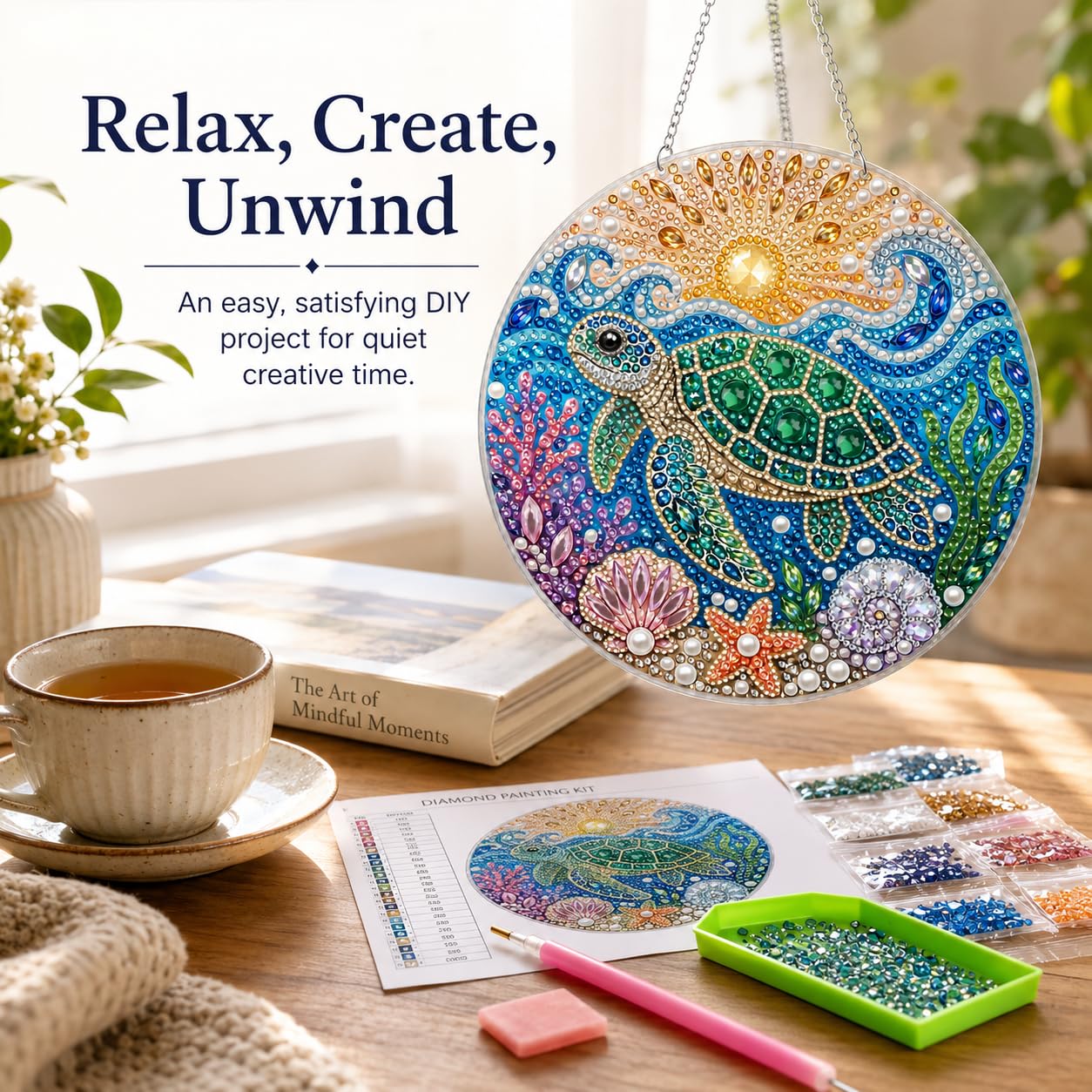 DIY Diamond Art Painting Wreath Kits，Special Shaped Rhinestone Hanging Ornament Diamond Art Window Pendants for Gift Home Garden Wall Hanging Kits,Double Sided (sea Turtle)