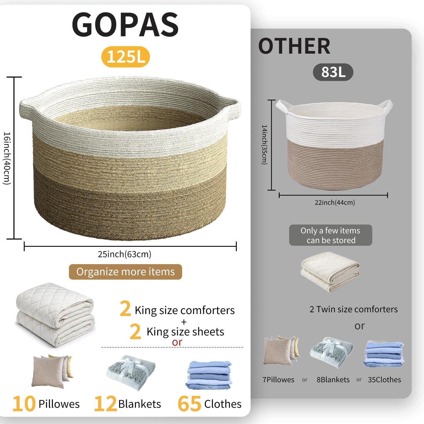 GOPAS 125L Extra Large Blanket Basket, 25" x 16", Jumbo Laundry Woven Cotton Rope Basket with Handles, Baby Toy Storage, Gradual Brown
