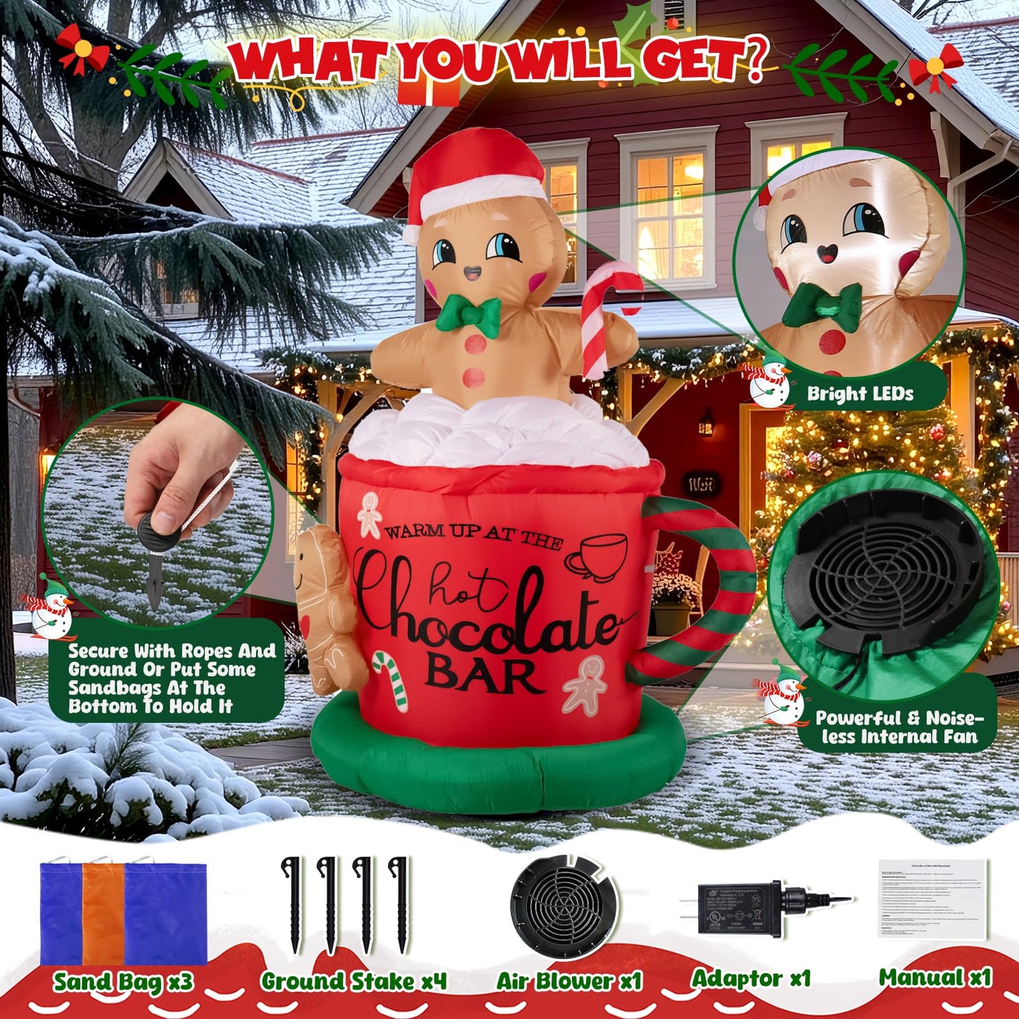 KISSUNY 6.5FT Giant Inflatable Gingerbread Man with LED Lights, All-Weather Outdoor Christmas Decoration, Hot Chocolate Mug Yard Decor