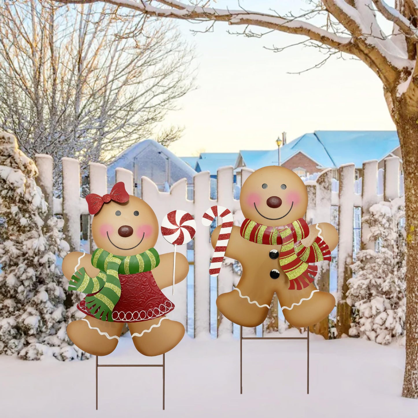 ABELOTS Outdoor Christmas Decorations,27" H Large Gingerbread Boy and Girl Metal Yard Stakes,Set of 2, Rustic Winter Signs for Lawn Garden,Patio, Pathway & Front Yard,Farmhouse Porch Outside