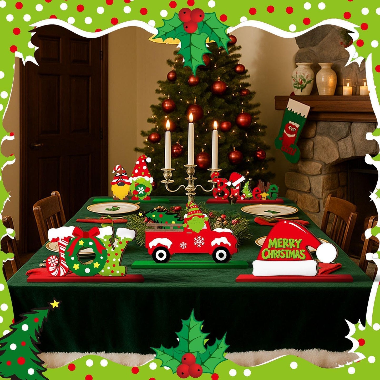 Realspring 6 Pcs Christmas Table Decorations Merry Christmas Wooden Centerpieces Table Decor Joy Wood Gingerbread Gnome Tabletop Xmas Tree Standing Signs for Home Winter Xmas Theme Party Supplies
