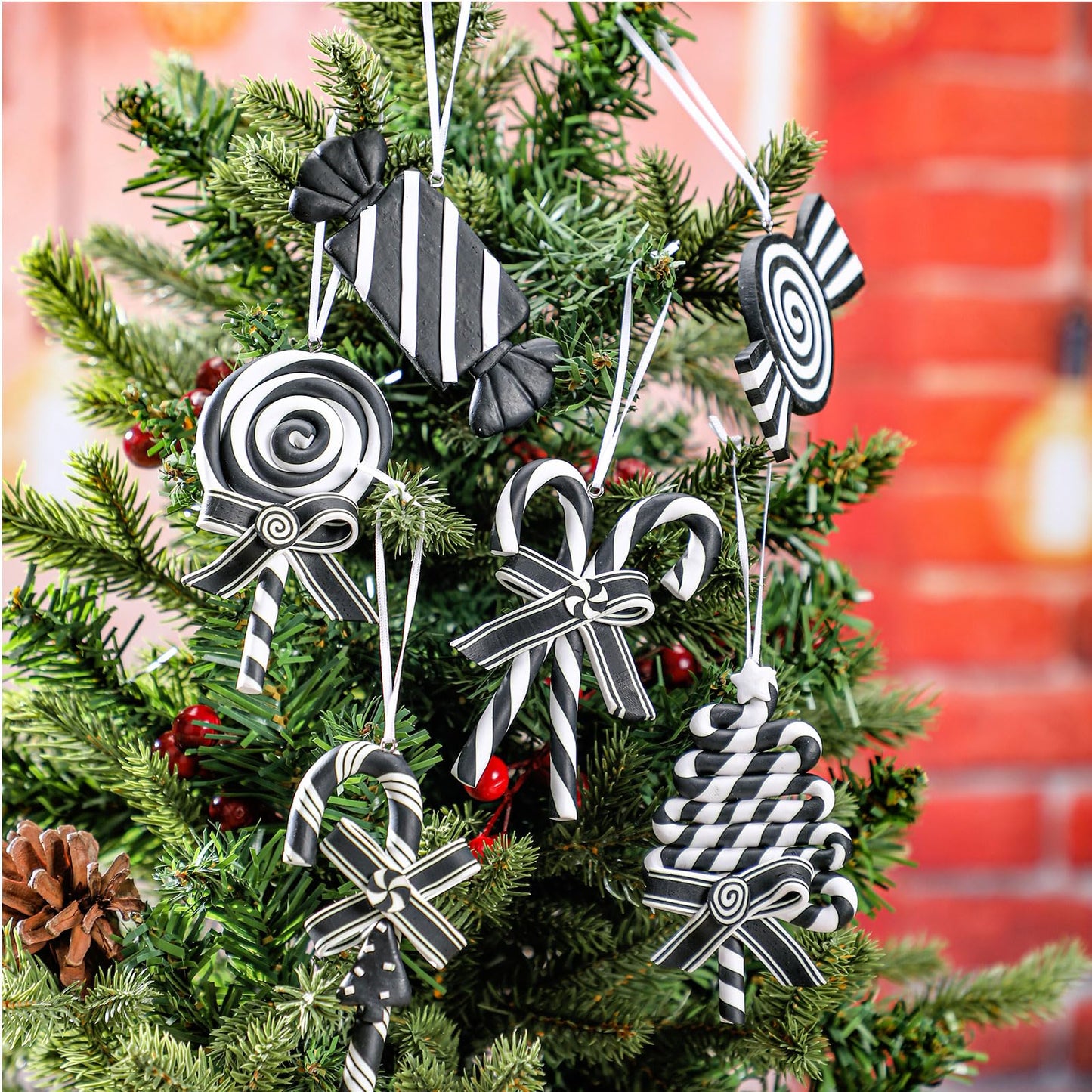Blulu 6 Pcs Christmas Black and White Candy Cane Lollipop Hanging Ornaments Tree Picks Decorations Polymer Clay Peppermint Winter Holiday Xmas Party Supplies for Wreaths Christmas Trees Accessories