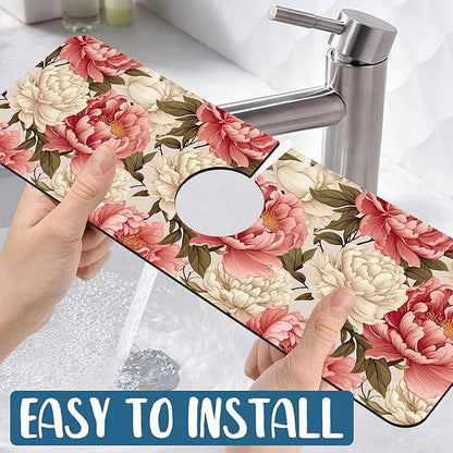Beautiful Peony Sink Splash Guard Bright Peonies Faucet Absorbing Mat Fast