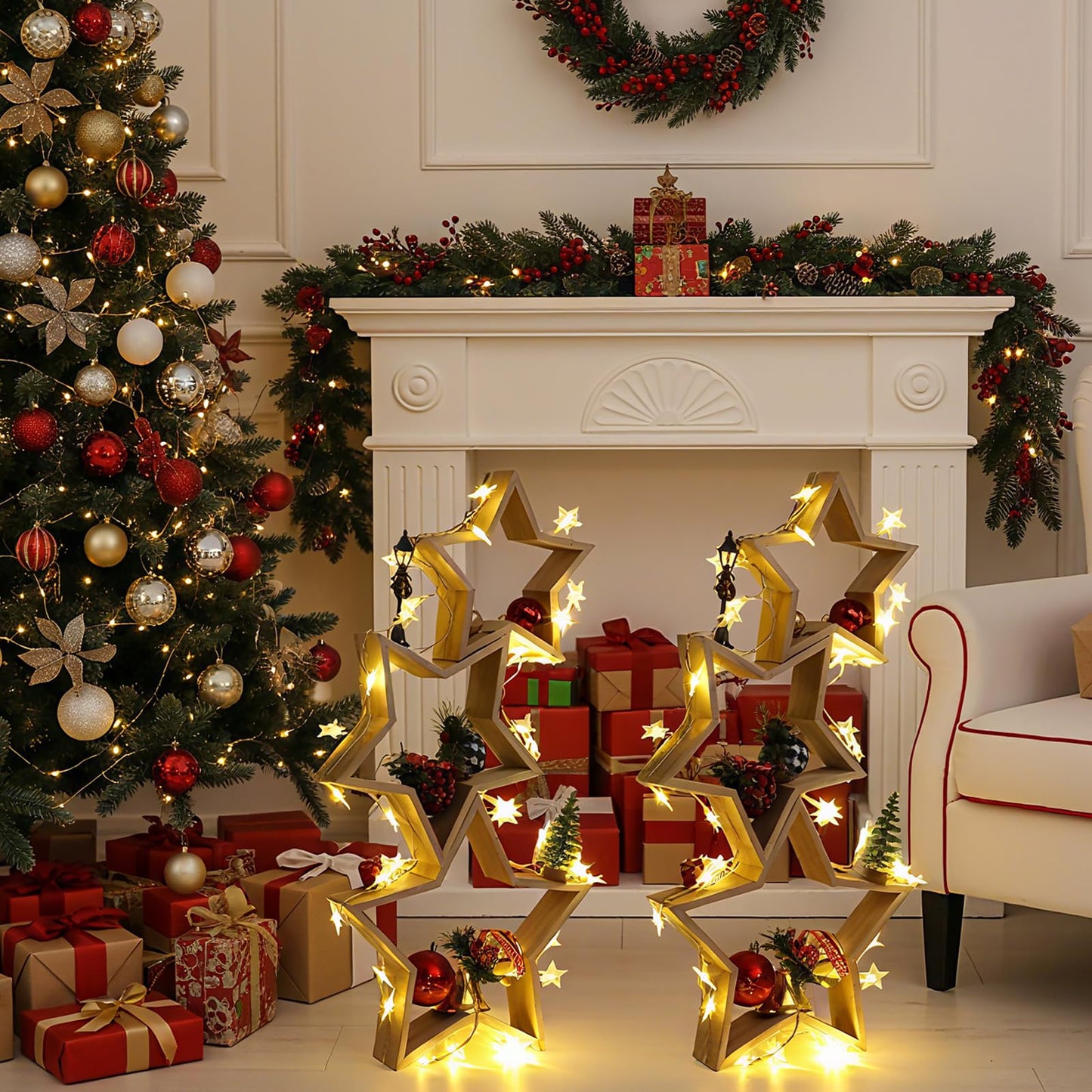 Geelin 6 Pcs Christmas Wooden Star Tabletop Centerpiece Sign with Light Strips Tape DIY Xmas Ornament for Farmhouse Fireplace Mantle Table Crafts Bookshelf Tiered Tray Decor (Original Wood)