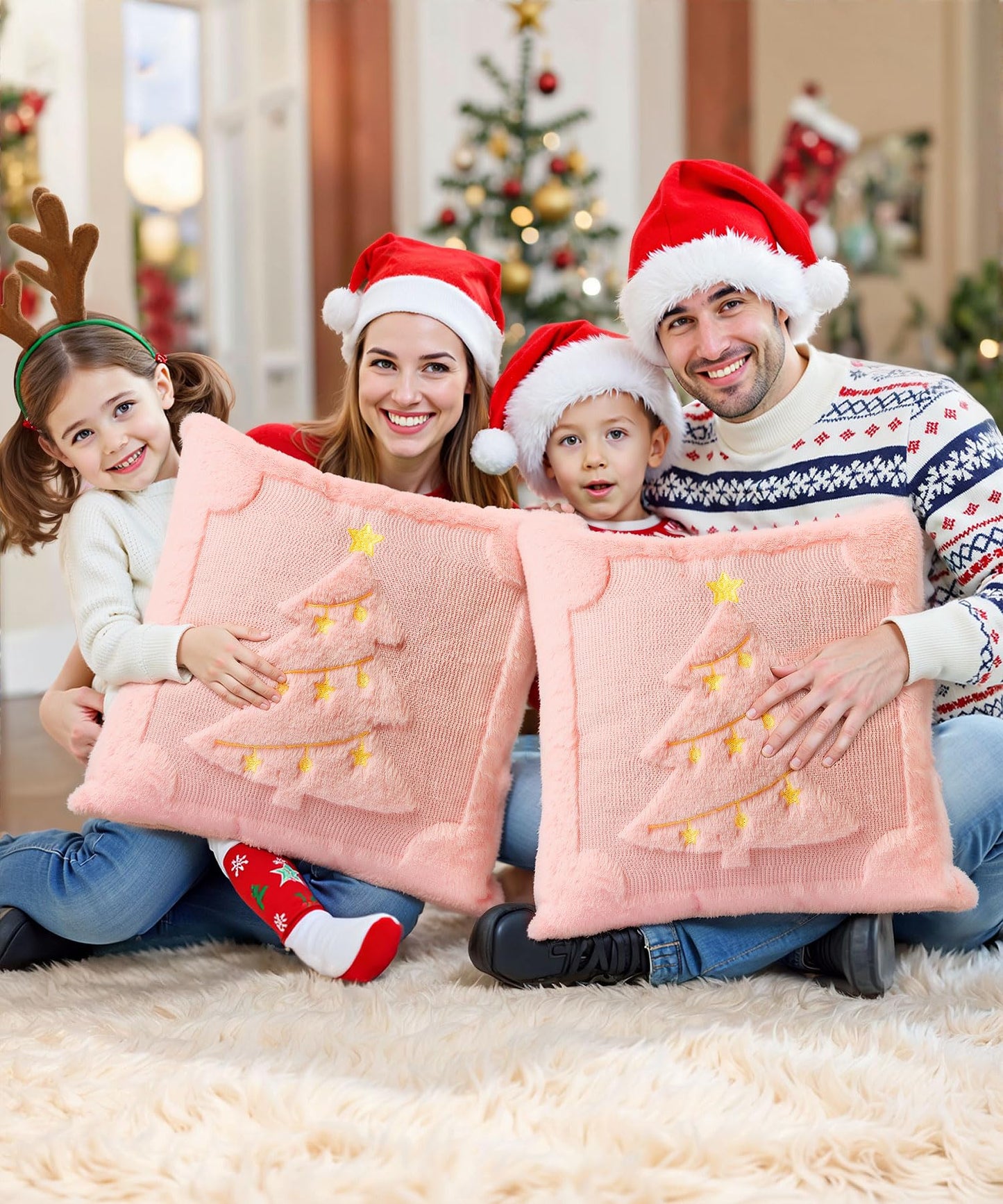 SEGXCFL Christmas Pillow Covers Set of 2 Soft Plush Faux Fur Pillow Cases 3D Embroidered Decorative Couch Cover Home Decor Christmas Throw Pillow Covers 18x18,Pink Christmas Tree