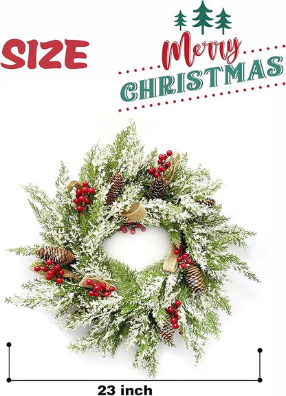 Artificial Christmas Wreath with Hanger for Front Door with Pine Cone, Red Berries, Burlap Ribbon & Snowflake, Indoor Outdoor Holiday Wall Windows Wreath Flocked with Mixed Decorations 23inch