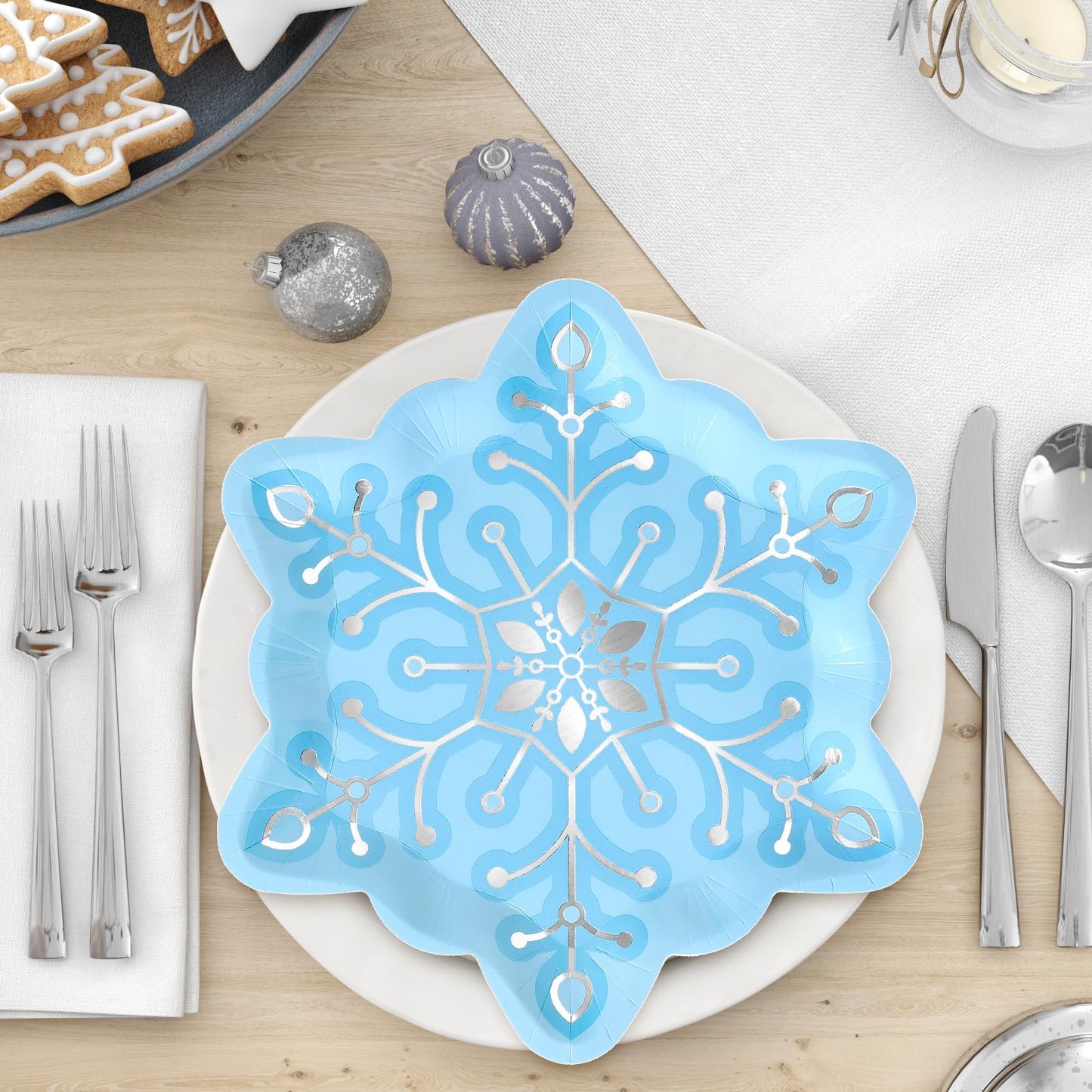 JarThenaAMCS 48Pcs Christmas Snowflake Paper Plates Silver Foil Blue Snowflake Shape Disposable Plates Winter Party Tableware for Xmas Wedding Birthday Table Decor Supplies