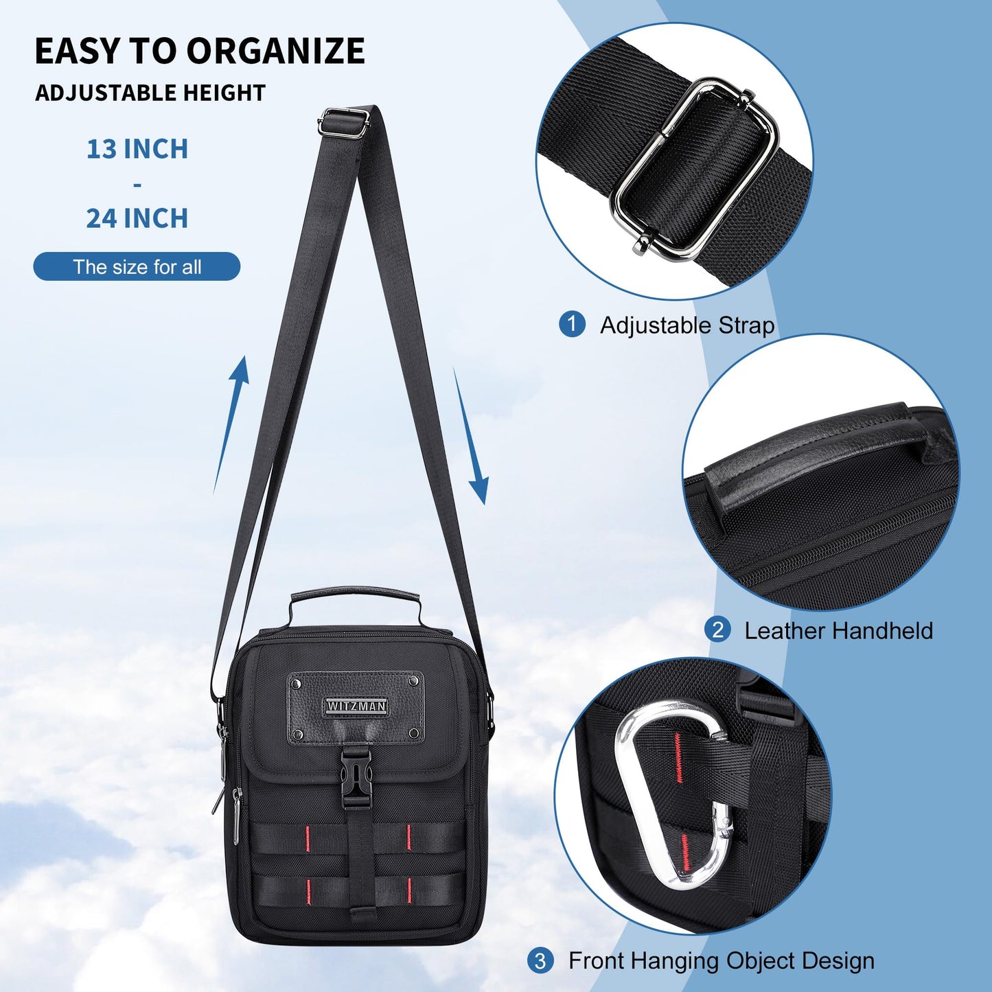 WITZMAN Crossbody Bag for Men Lightweight Man Purse Messenger Bag Casual Satchel Nylon Shoulder Bag for Work Traveling(B708 Black)
