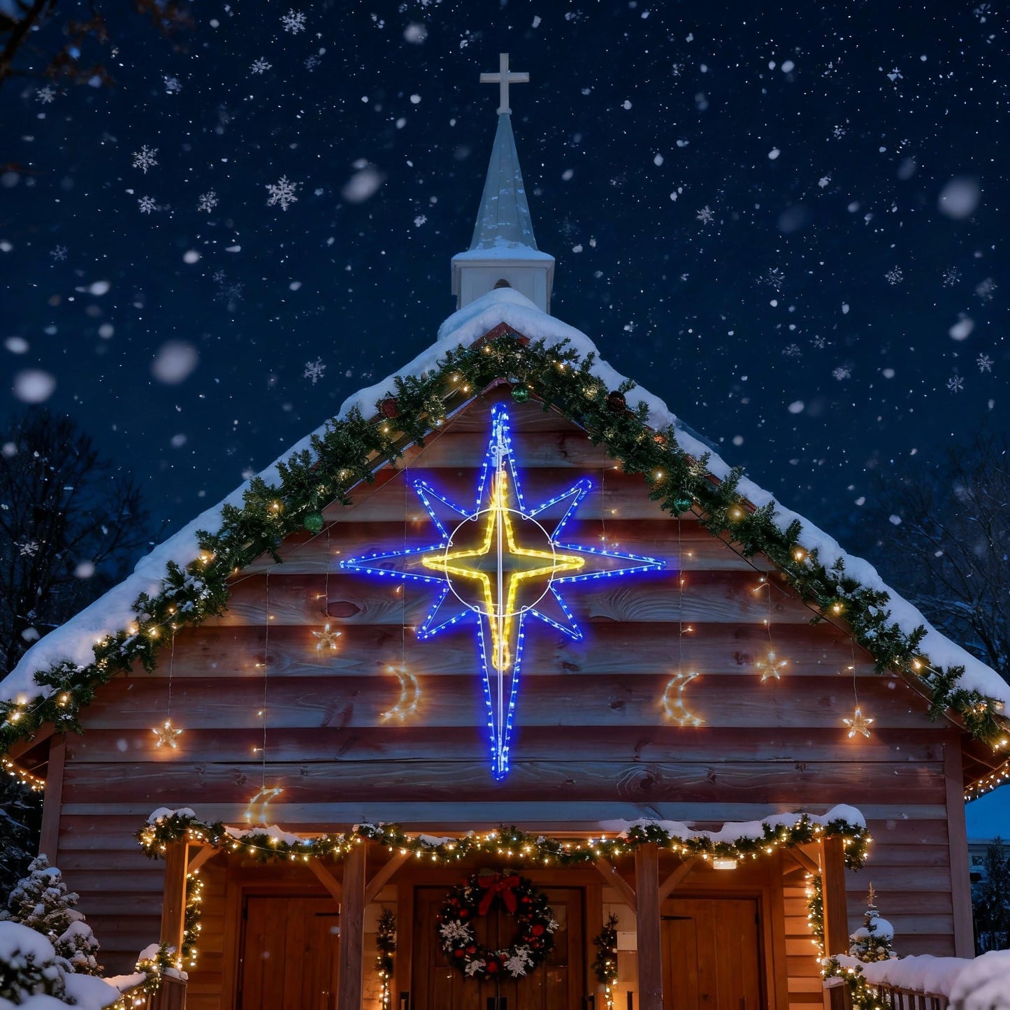 Wettal 43" Christmas Star of Bethlehem LED Star Hanging Lights Nativity Holy Family Light for Door Window Porch Wall Decoration Plug Operated Lighted Hanging Tree Topper(Warm Light)