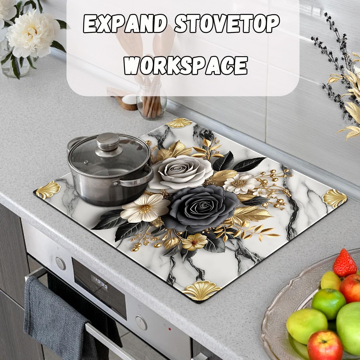 Flower Stove Top Cover for Electric Stove, Rose Range Covers, Black White Range Top Mat, Gold Flower Leaf Cooktop Cover 28x20 inch, Marble Pattern Cooktop Covers for Kitchen Holiday Home Decor