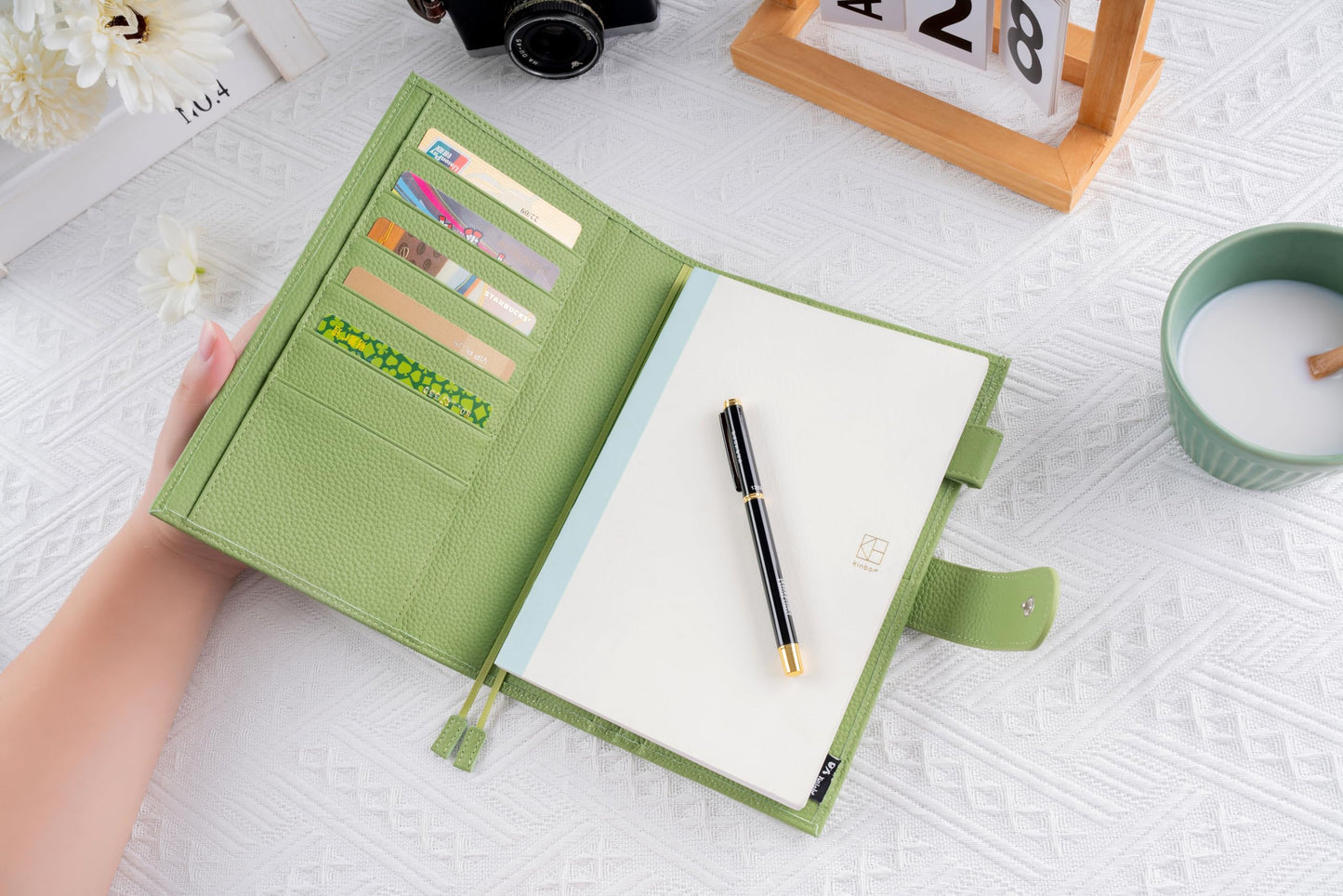 Genuine Leather A5 Notebook Cover Fits Hobonichi Cousin, Stalogy, LEUCHTTURM1917 and Midori MD Planners, with Pen Loop, Card Slots, Bookmarks and Back Pocket(Green)