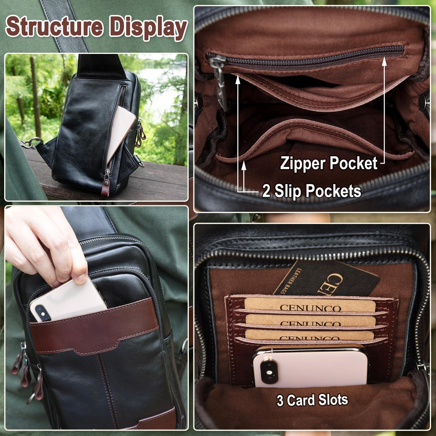 CENUNCO Genuine Leather Sling Bag for Men and Women Crossbody Shoulder Bag Side Sling Backpack Chest Purse Cross Body Casual Daypack