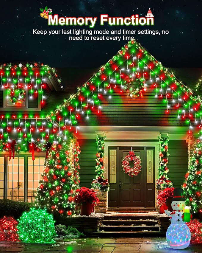 106 FT Christmas Lights Outdoor, 972 LED Waterproof Outside Christmas Lights Plug in, Connectable 8 Modes Hanging Fairy Lights with 216 Drops for House Eaves Yard Patio Decoration,Red Green and White