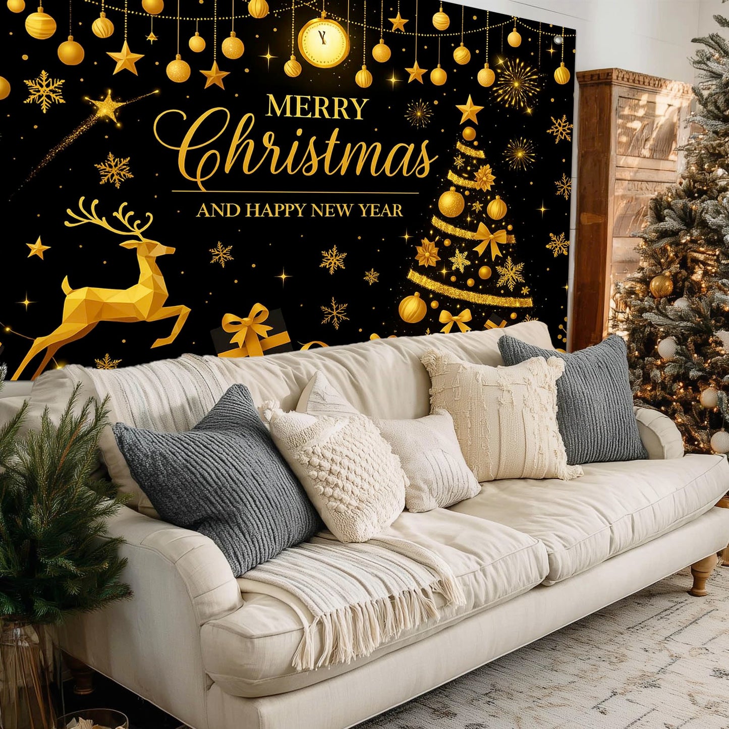 HOMETITUTE Black Gold Merry Christmas Backdrop 8×6ft Holiday New Year Photo Background Party Decoration Banner Golden Tree Reindeer Gifts Photography Backdrop