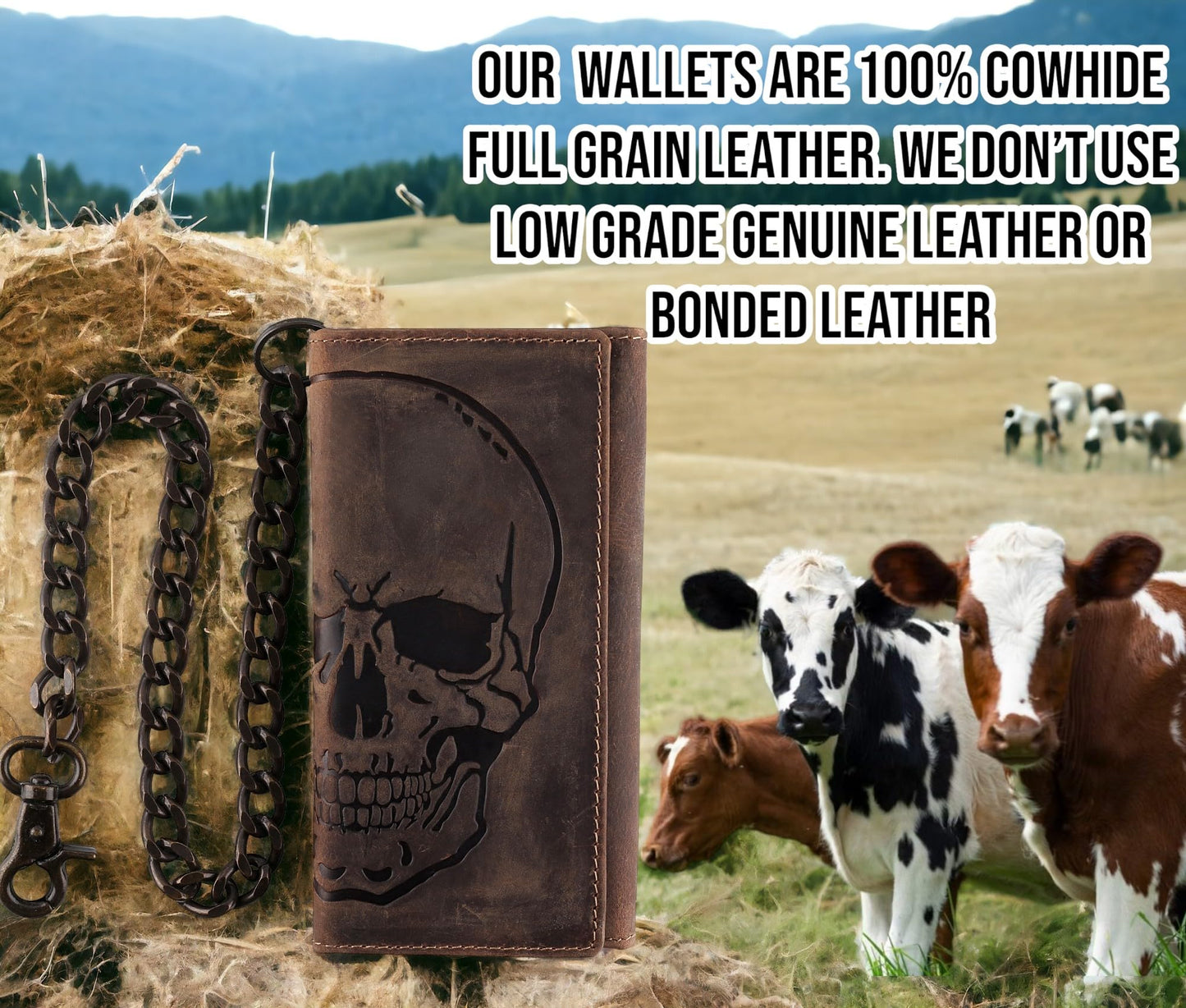 F&L CLASSIC RFID Blocking Mens Tri-fold Long Style Cowhide Leather Steel Chain Wallet,brown distress with skull,212-70
