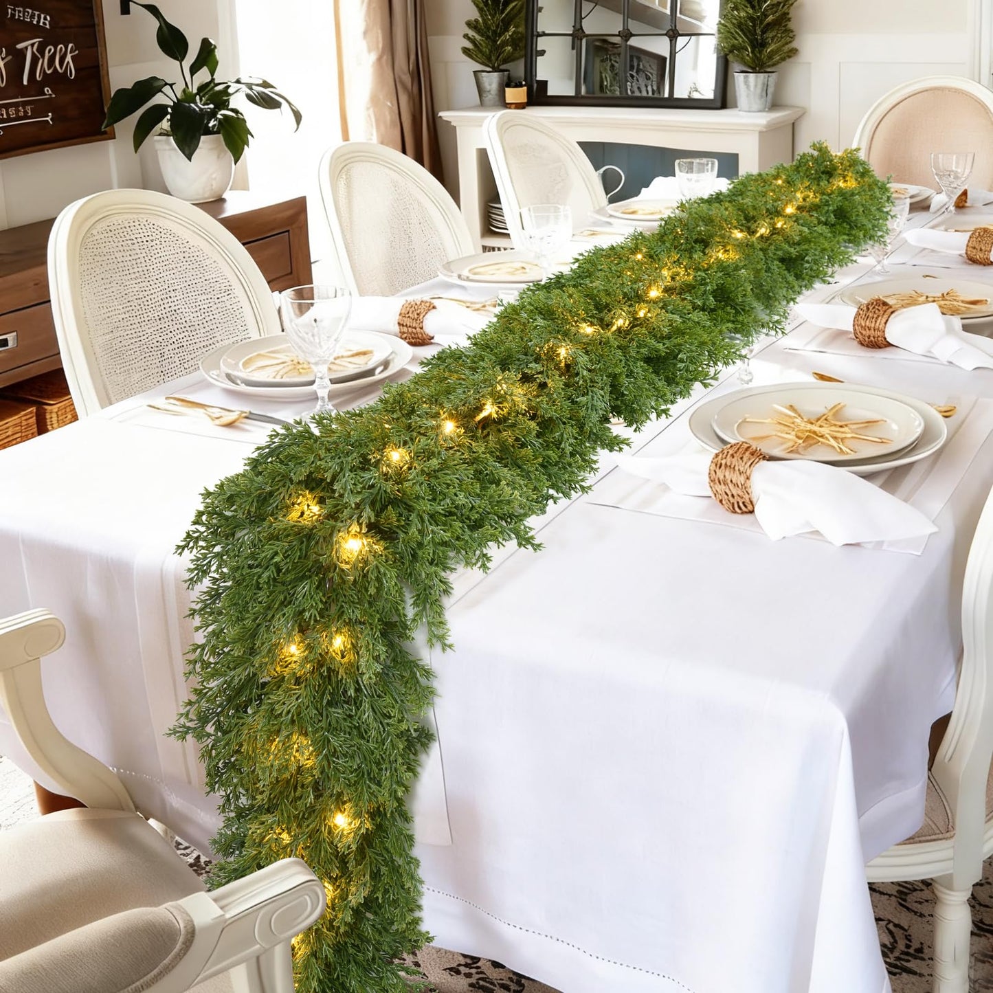 Lvydec Lighted Christmas Pine Garland Decoration, 6ft Realistic Cedar Cypress Garlands Christmas Greenery Garland with Lights for Holiday Mantel Fireplace Table Centerpiece (6ft)