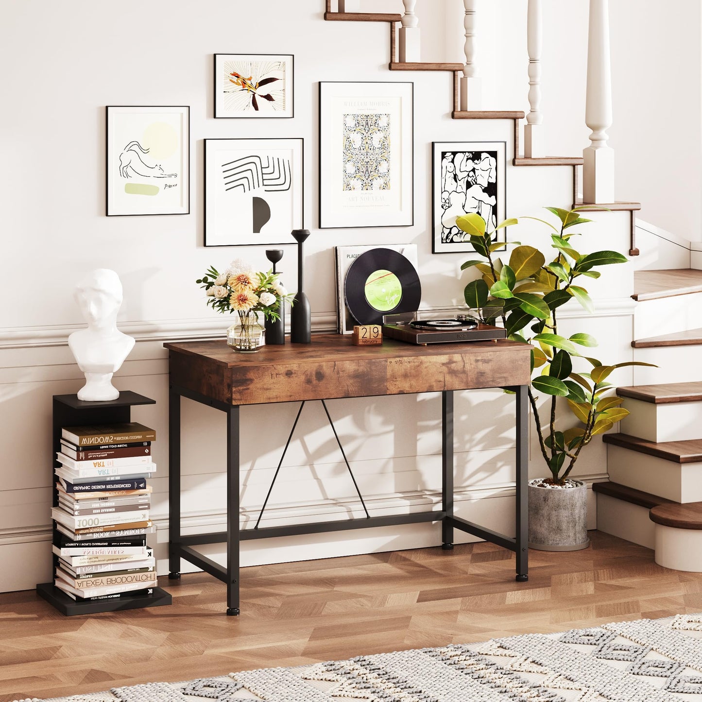 Mexin Small Desk with 2 Wooden Drawers, 40 Inch Home Office Writing Desk, Vanity Desk with Storage, Computer Desk for Bedroom Small Spaces, Table for Office, Kids Study, Makeup, Rustic Brown