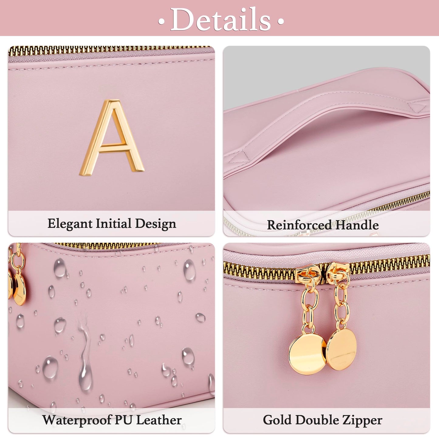 CLOUDWINGS Personalized Initial Makeup Bag Gifts for Women, Large Travel Cosmetic Organizer with Handle & Divider, PU Leather Toiletry Bag for Girls, Birthday Bridesmaid Gift Set - Pink - A