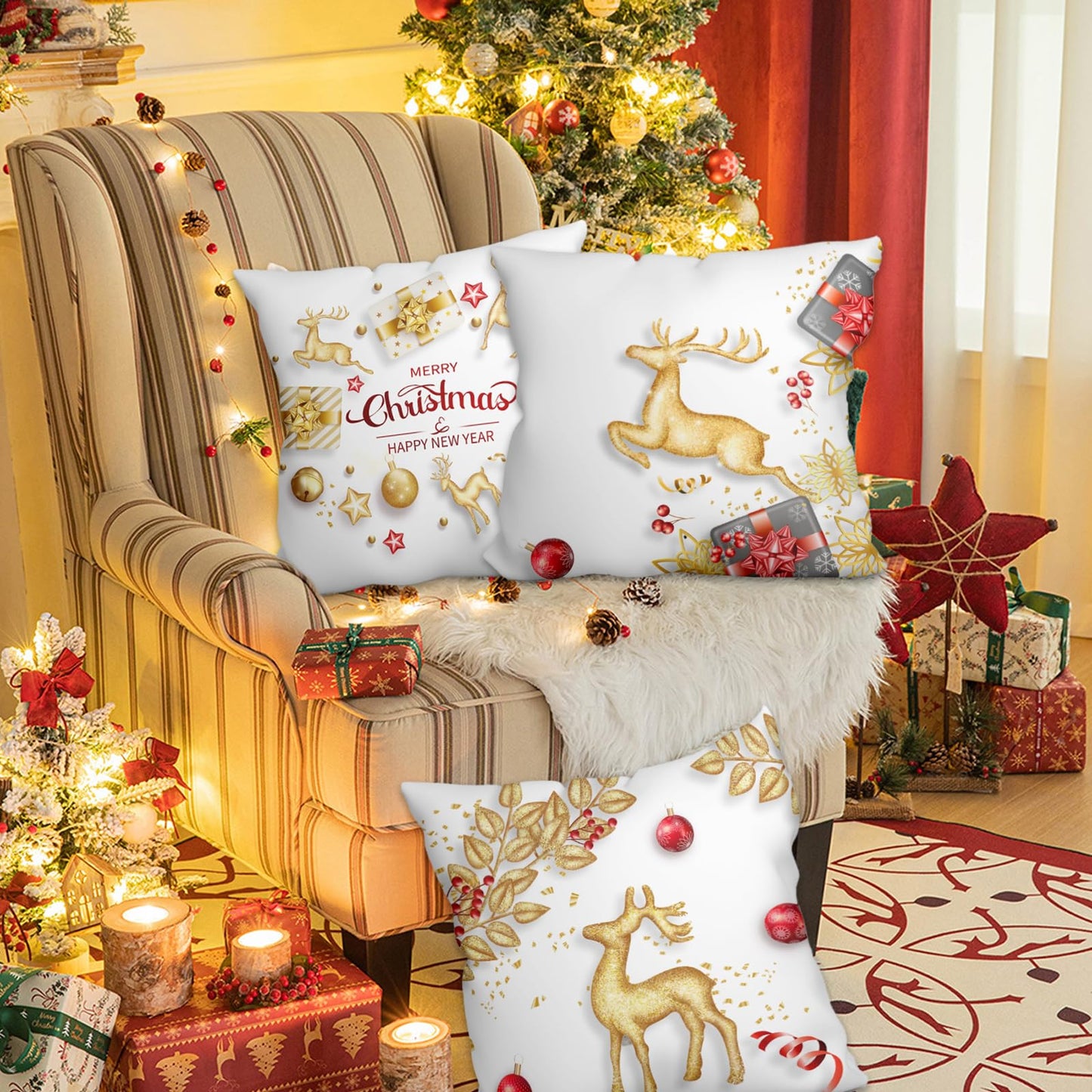 WSZBDY Christmas Throw Pillow Covers White Gold Snowflake Reindeer Christmas Decorations 18X18 inch Set of 4 Winter Christmas Indoor Home Holiday Ornaments Short Push Cushion for Sofa Tree