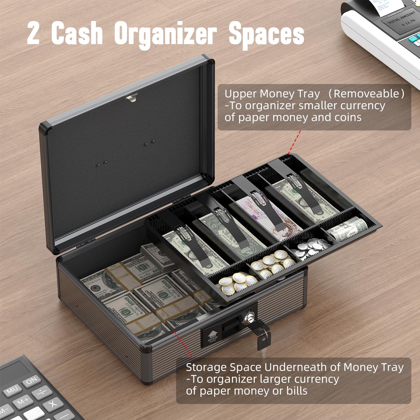 Lockbako Locking Cash Box with Money Tray and Key, Secure Money Safe Box for Cash, Portable Money Box with Bottom Storage Spaces, Money Saving Organizer(Black, Extra Large)