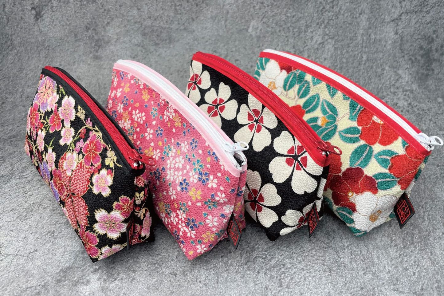 Small Makeup Bag for Purse [ Made in Japan] Traditional Edo Komon Design Cute Cosmetic Pouch (Cherry Blossom (Black))