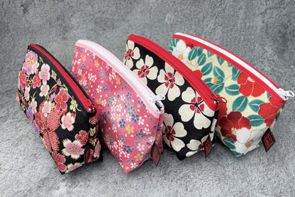 Small Makeup Bag for Purse [ Made in Japan] Traditional Edo Komon Design Cute Cosmetic Pouch (Cherry Blossom (Black))