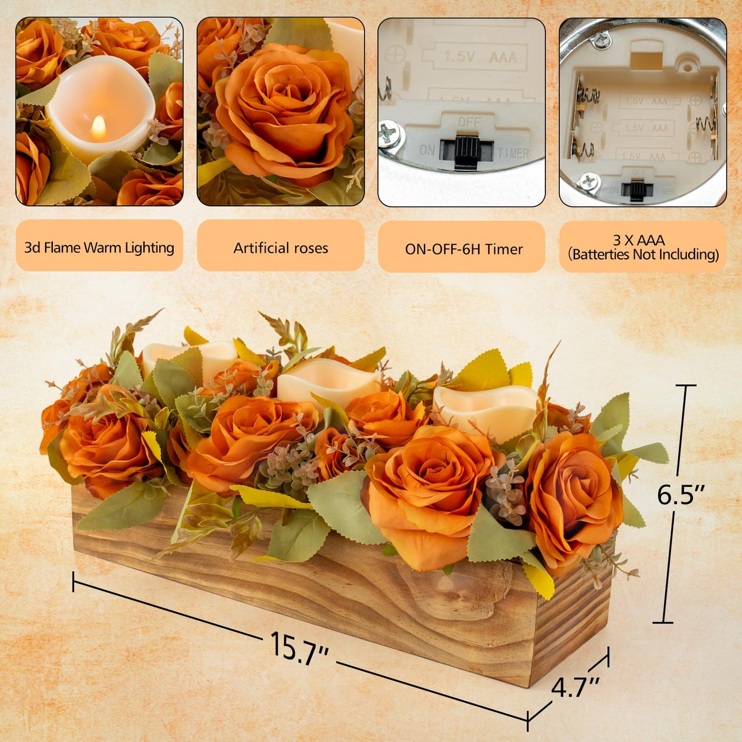 Lumeavetra Centerpiece Table Decorations with 3 Flameless Candle(Battery Not Included), Farmhouse Wood Tray Flower Decoration for Table Kitchen Living Room Wedding Décor