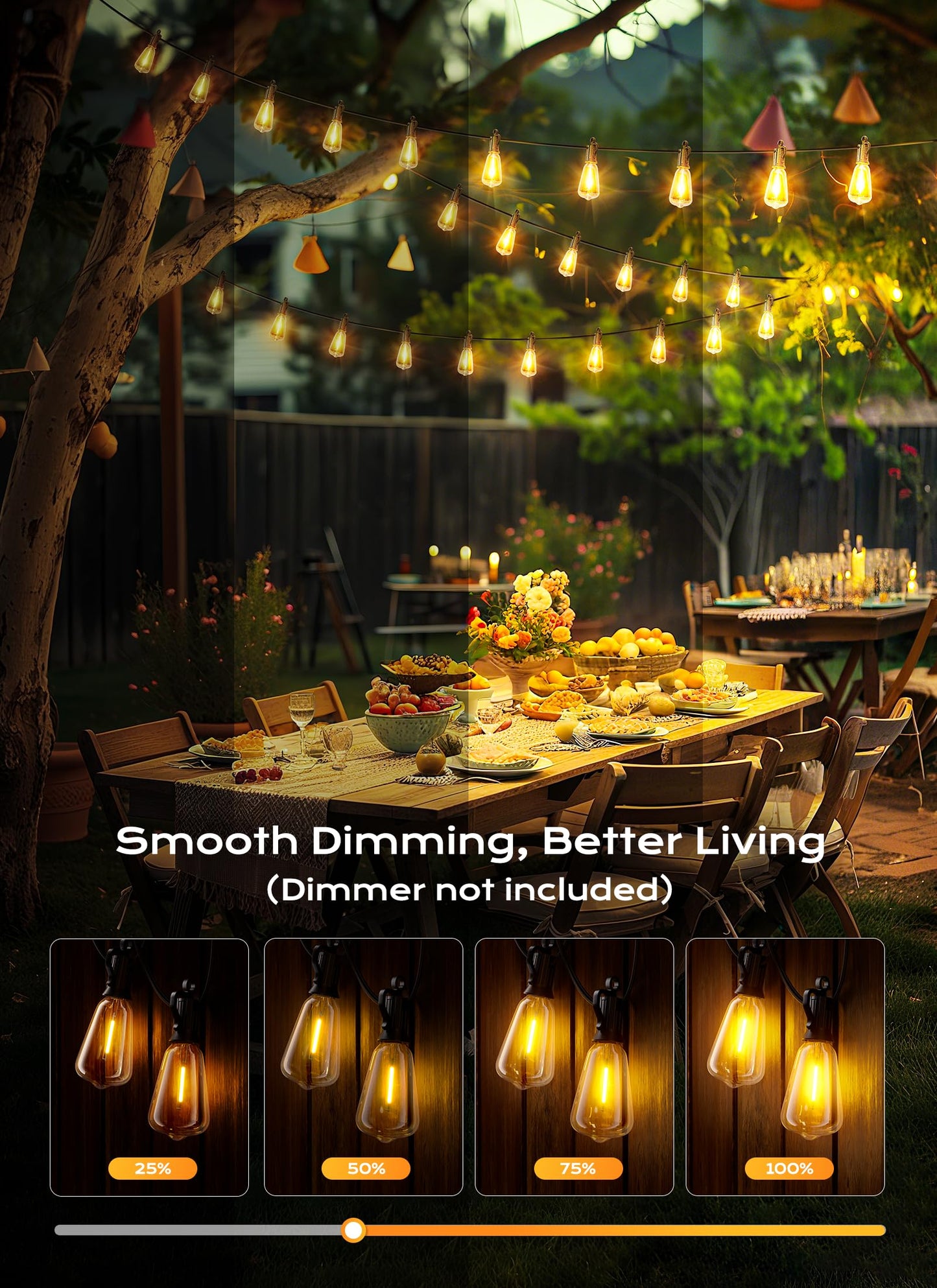 Brightown Outdoor String Lights, 50FT 25+2 LED ST38 LED Patio Lights Shatterproof, Dimmable IP65 Waterproof Connectable Hanging Outdoor Light for Backyard, Porch, Deck, Balcony