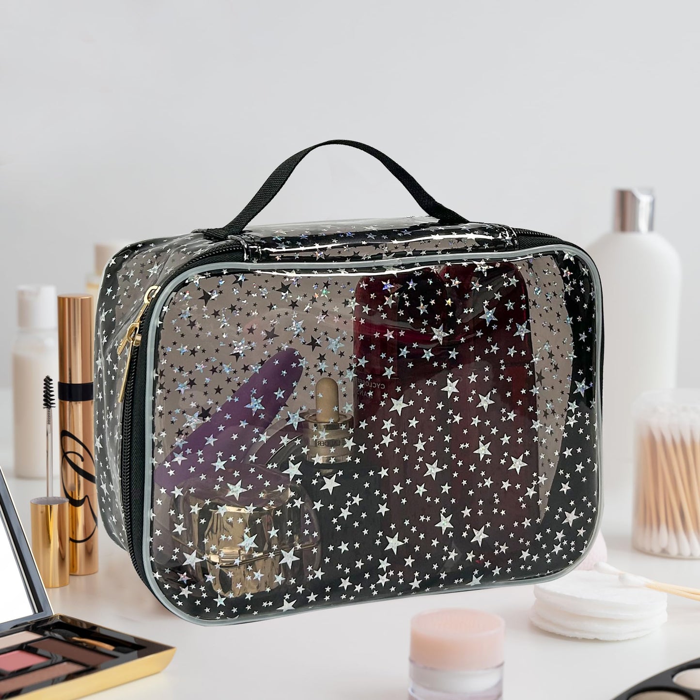 TotePrint Star Pattern PVC Waterproof Makeup Bag - 9.84×7.09×3.94inch Cosmetic Organizer with Handles for Women & Men, Travel Toiletry Bag (Black)