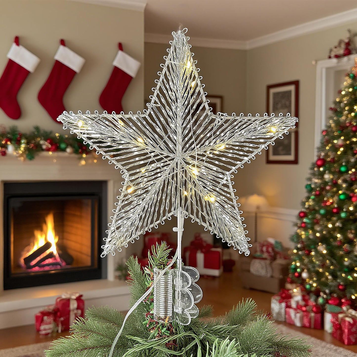 ZZZ TYLOO 11 Inch Silver Star Christmas Tree Topper, 15 LED Lighted, Metal Frame with Hand-Woven Shiny Silver PVC, Clip-On Base, Xmas Star Tree Decoration for Home