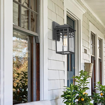 Outdoor Light Fixture Wall Mount, Modern Exterior Lights Fixture Wall Sconces with Seeded Glass for Front Porch, Farmhouse Waterproof Black Carriage Lantern Lamp Outside for Home, Garage, 2 Pack