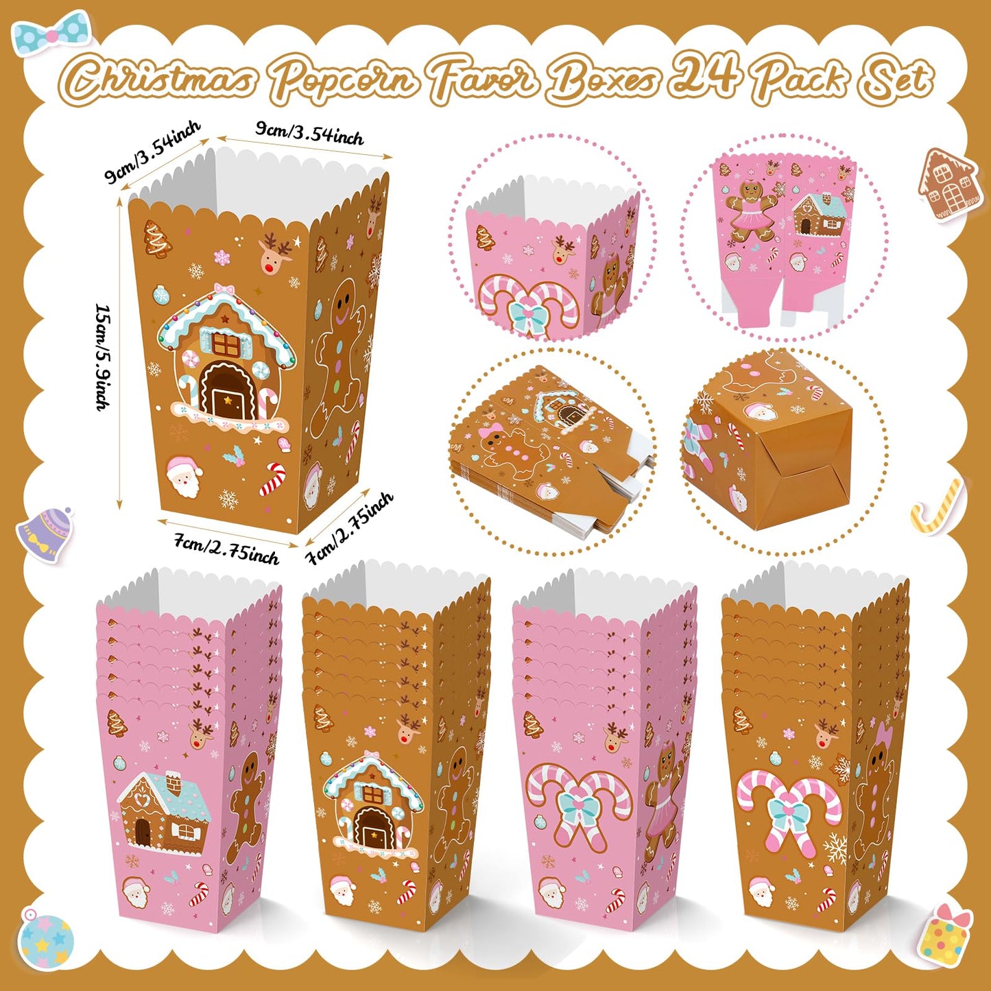 K KUMEED 24 PCS Christmas Popcorn Favor Boxes,Pink and Brown Gingerbread Man Christmas Party Supplies Cute Candy House Popcorn Bowls Popcorn Buckets Popcorn Bags Candy Cookie Container for Kids