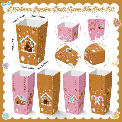 K KUMEED 24 PCS Christmas Popcorn Favor Boxes,Pink and Brown Gingerbread Man Christmas Party Supplies Cute Candy House Popcorn Bowls Popcorn Buckets Popcorn Bags Candy Cookie Container for Kids