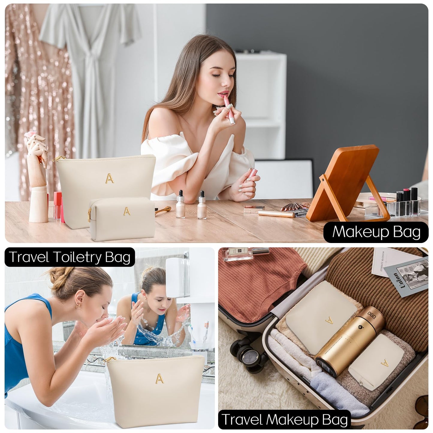 CLOUDWINGS Graduation Gifts | Initial Makeup Bag for Women Personalized Gifts for Bridesmaid Teachers Friend Female College Cosmetic Travel Toiletry Bag(Beige,A)