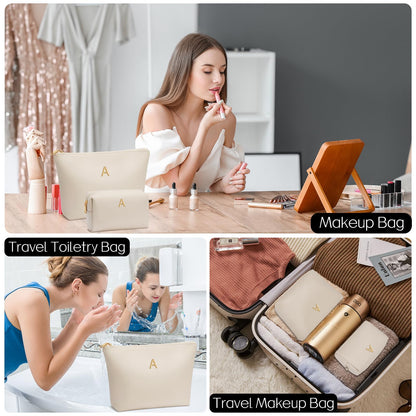 CLOUDWINGS Graduation Gifts | Initial Makeup Bag for Women Personalized Gifts for Bridesmaid Teachers Friend Female College Cosmetic Travel Toiletry Bag(Beige,A)