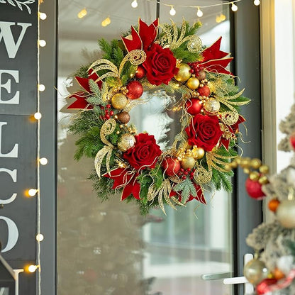 Christmas Wreaths for Front Door–24Inch Outdoor Christmas Door Wreath with Lights,Classic Xmas Wreath with Pinecone,White Berries and Silver Ornaments Design, Holiday Outdoor Wreaths Decor