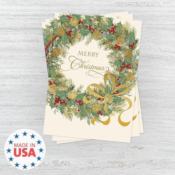 Masterpiece Traditional Wreath Christmas Cards / 15 Festive Holiday Cards Set With White Envelopes / 5 5/8" x 7 7/8" Winter Greeting Cards With Inside Verse
