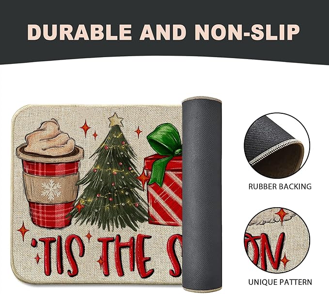 Christmas Hat Front Door Mat Indoor Outdoor Entrance 17x29, Tis The Season Xmas Winter Washable Non-Slip Rubber Red Doormat Inside Outside Entrance, Welcome Floor Mat for Home Holiday Decor AH32