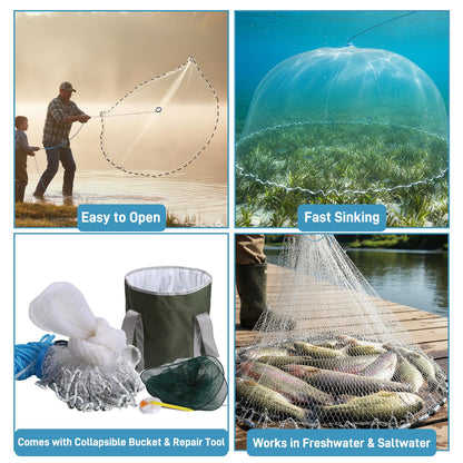 Handmade American Cast Net, Yeahmart Casting Fishing Net for Bait Trap Fish, Throw Nets with Zinc Sinker Weights Fishing Bucket for Freshwater & Salt Water (4 Ft, 1/2 Inch Mesh Size)
