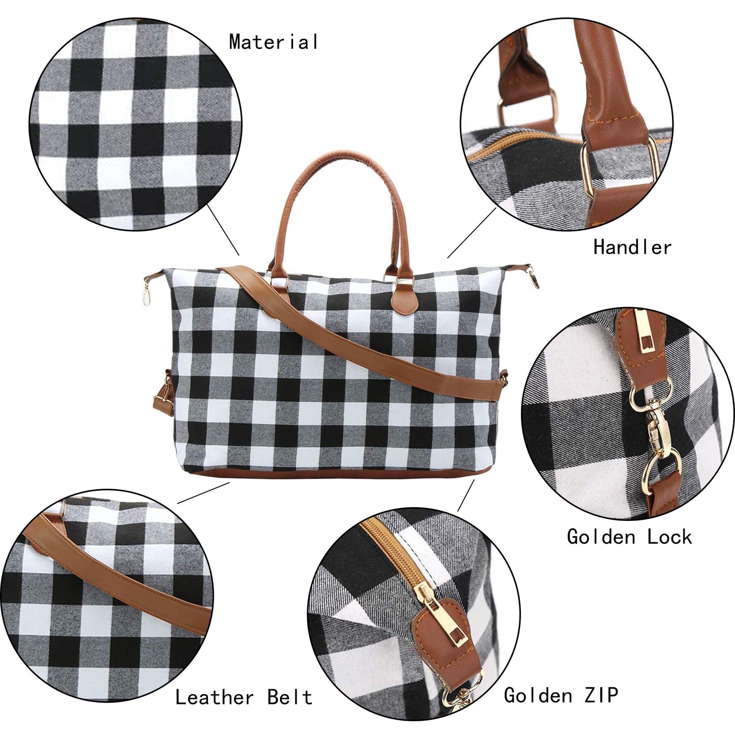 XinblueCo Weekender Buffalo Plaid Duffle for Women Travel Carry-on Overnight With Shoulder Strap for Business Trip Western Gifts