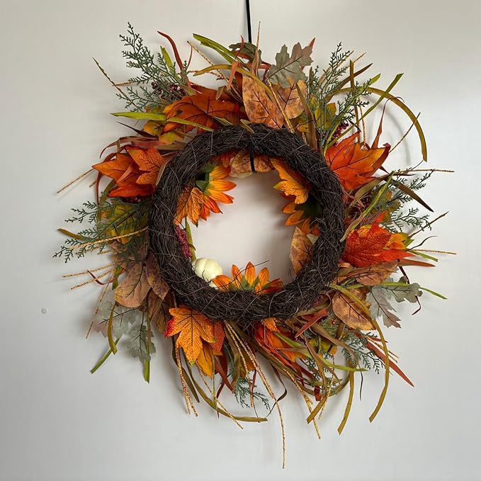 Jobflower Fall Wreaths for Front Door 24 Inch – Autumn Sunflower and Pumpkin Wreath for Halloween, Thanksgiving, Farmhouse Indoor Outdoor Wall or Porch Decor