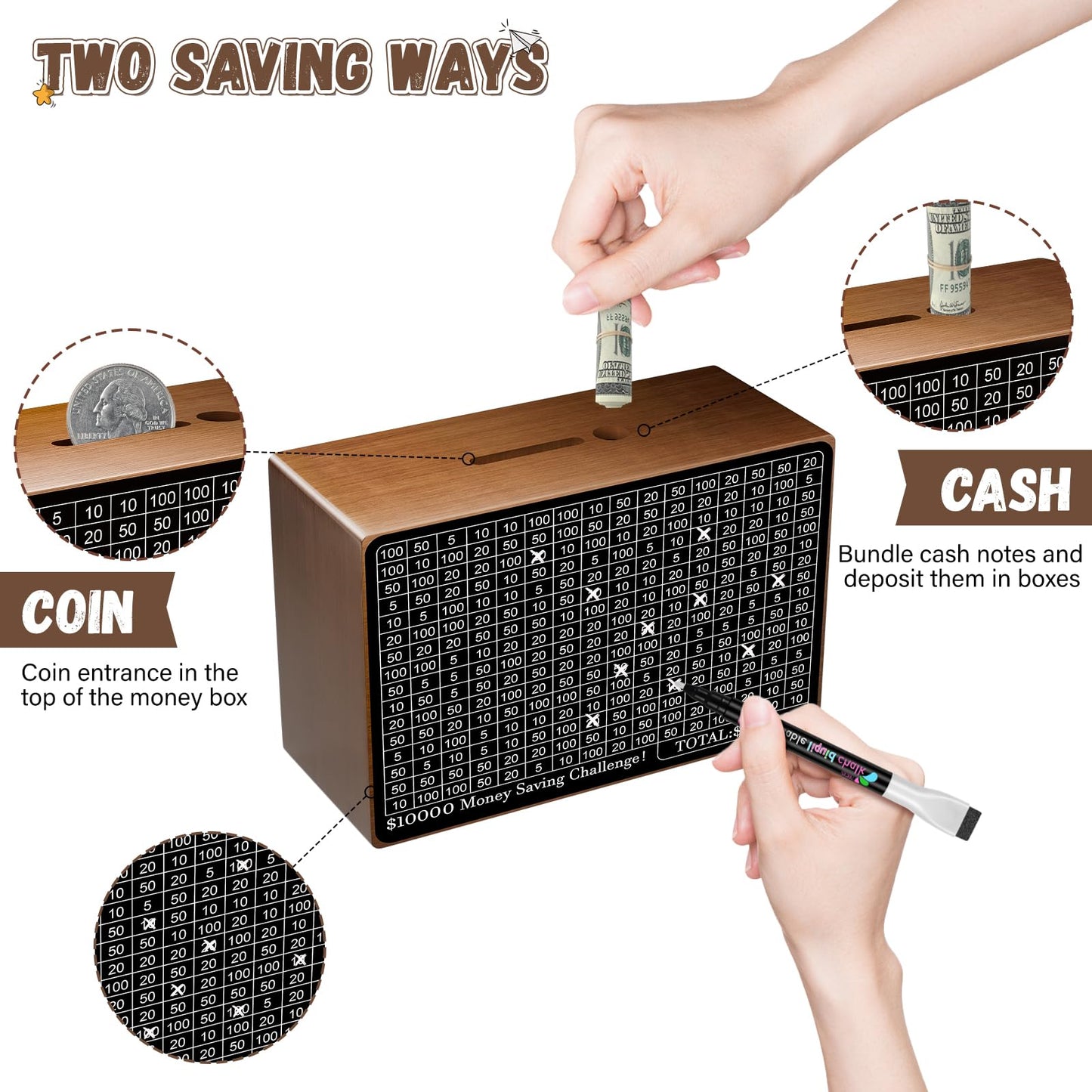 Wooden Money Saving Box, Cash Vault Savings Box for $10000 $5000 $3000 $1000 $800 $500 Target Money Saving Challenge, Reusable Money Box with Counter, Dry Erase Pen/Savings Trackers/Rubber Band-Brown