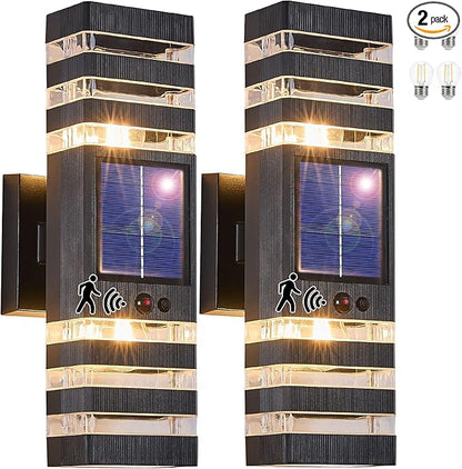 2 Pack Solar Outdoor Wall Lights with Motion Sensor 3-Mode Motion Outdoor Sconces 3000K 500LM Dusk to Dawn Solar Porch Light Fixtures Modern Up Down Exterior Wall Lamp for House Garage Front Door