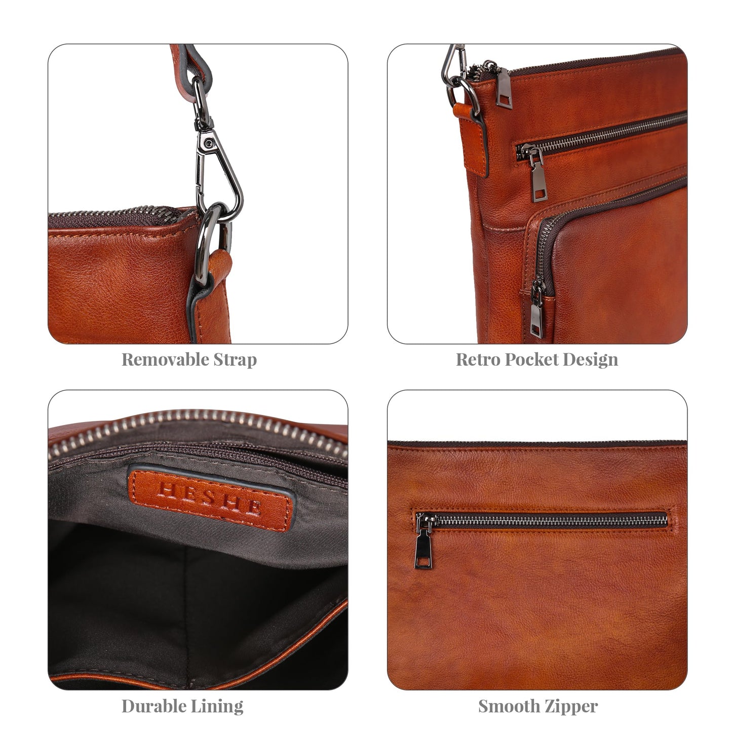 HESHE Genuine Leather Crossbody Purses for Women Soft Leather Purse Satchel Shoulder Bags with Multi Pockets (Brown)