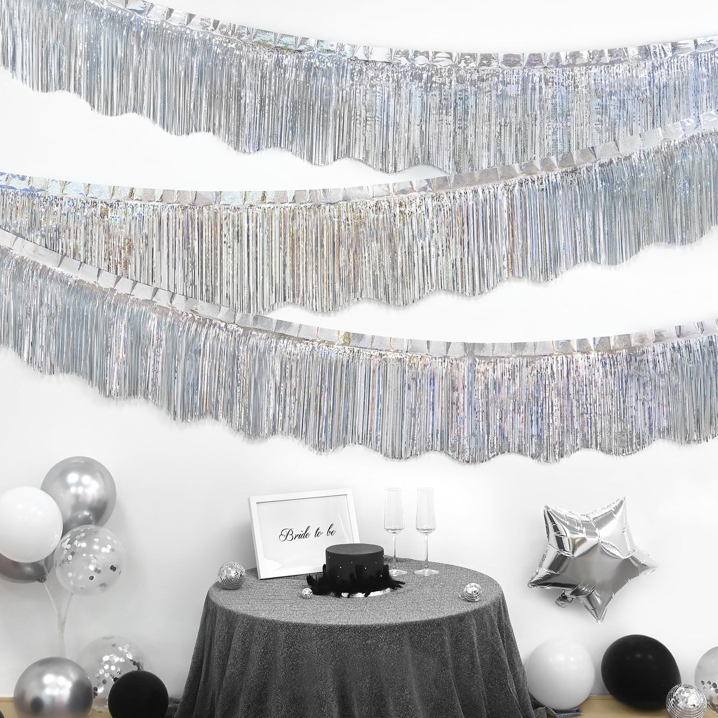 LOLStar 6 Pack Silver Foil Fringe Garland Party Decorations, 59Ft Tinsel Streamers Shiny Silver Wall Hanging Tinsel Fringe Banners for Wedding Birthday Anniversary Christmas New Year Party Decor