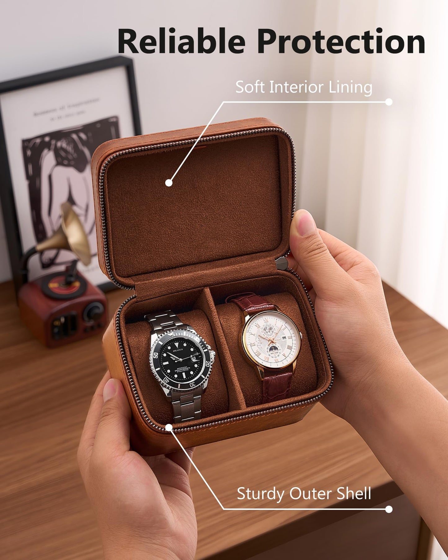 ProCase 2-Slot Watch Travel Case for Men, PU Leather Portable Watch Holder, Compact Small Carrying Storage Box for Luxury Watches & Smartwatches with Jewelry Compartment, Fathers Day Gift -Brown
