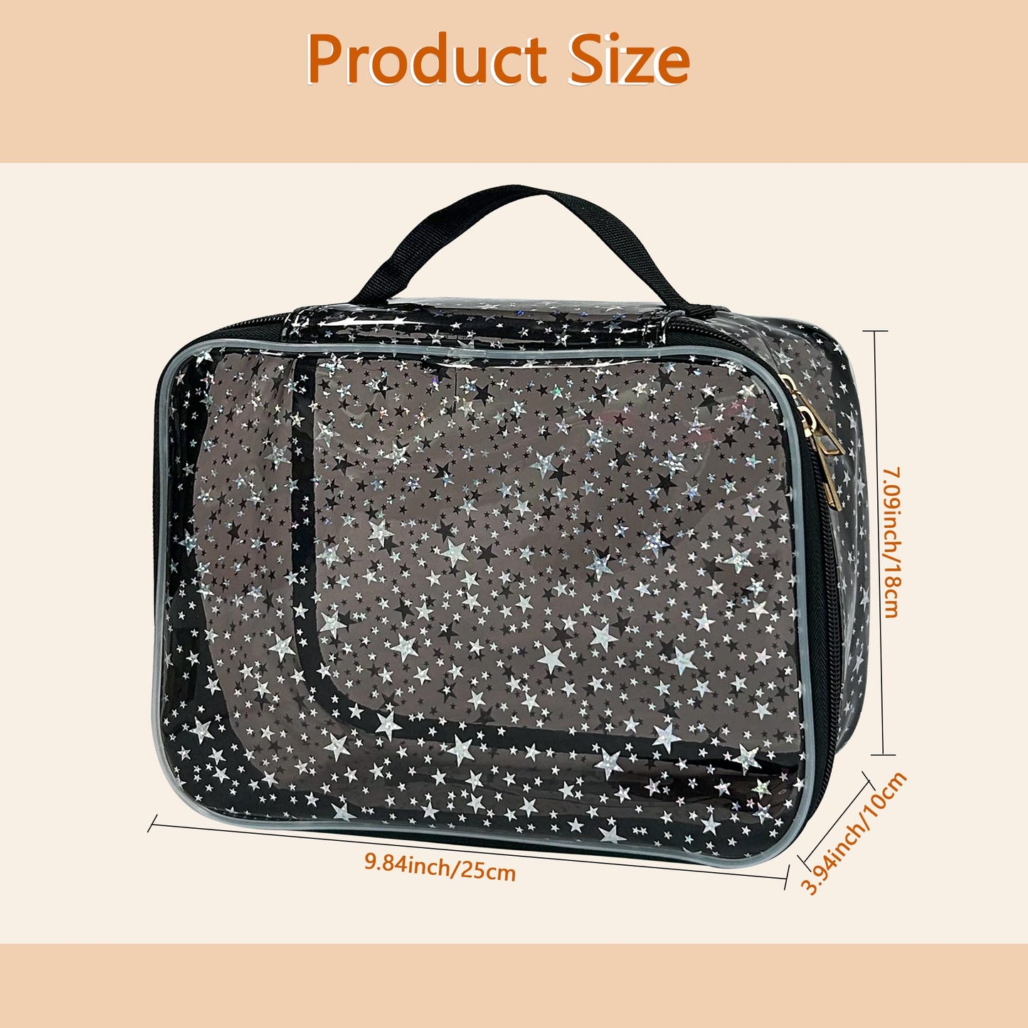 TotePrint Star Pattern PVC Waterproof Makeup Bag - 9.84×7.09×3.94inch Cosmetic Organizer with Handles for Women & Men, Travel Toiletry Bag (Black)