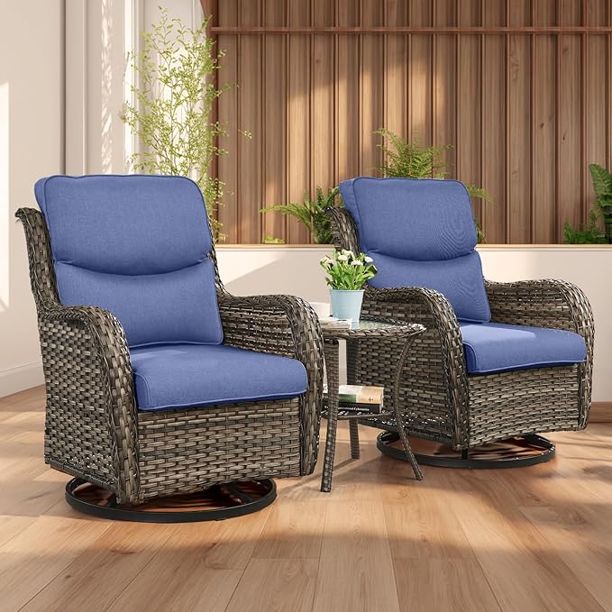 Rilyson Wicker Rocking Chair Swivel Chairs - 2 Piece Rocker Patio Chairs Set Rattan Rocking Chair for Outdoor Porch Deck Garden Backyard (Mixed Grey/Blue/Smile)
