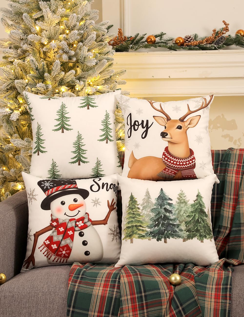 TOYPOPOR Christmas Decorations, Double Sided Plaid Throw Pillow Covers 16x16 Inches Set of 4, Christmas Tree, Snowflakes, Merry Christmas, Snowman Reindeer Winter Holiday Pillowcase for Sofa Couch